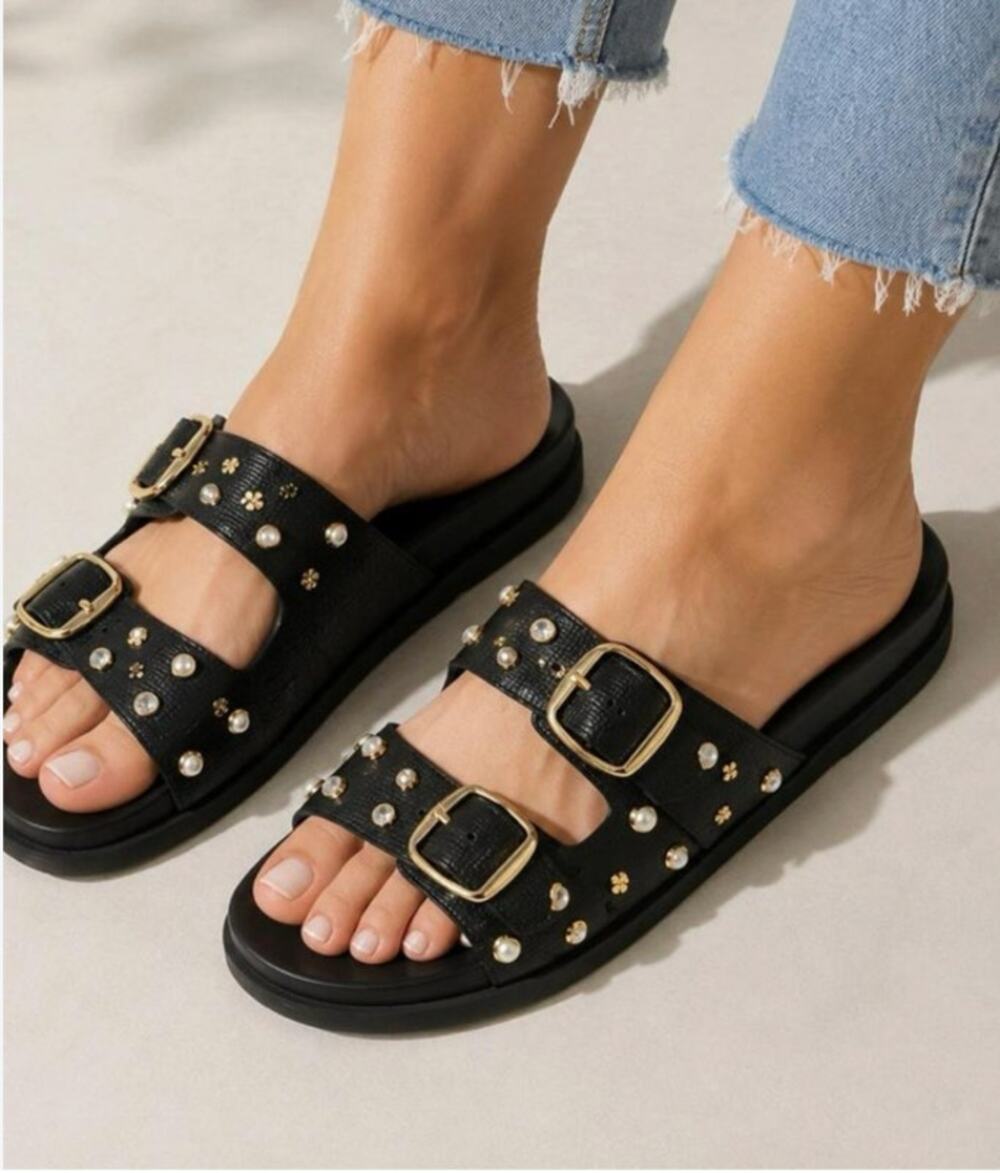 ALDO Sandals Size 8 Black Embellished Footbed Gold Pearl Rhinestone Chunky